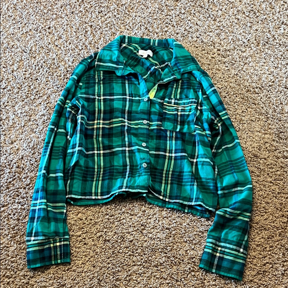 Teal Plaid Cropped Pajama Shirt